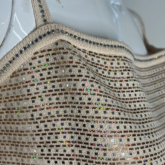 St. John Sz L Crème and Rose Gold Metallic Crystals Knit Sleeveless Tank Top - Picture 2 of 6